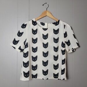 MOON COLLECTION LOS ANGELES BLACK CAT PATTERN SHORT SLEEVE BLOUSE WOMENS SMALL